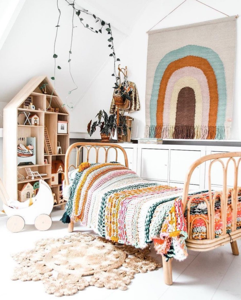 Kid rooms, rainbow wall hanging, neutral